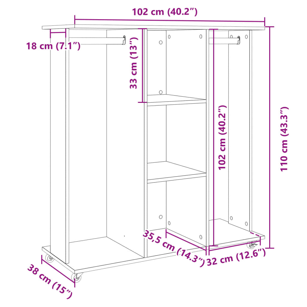 Kledingkast met wielen 102x38x110 cm bewerkt hout zwart is nu te koop bij PeponiXL, paradijselijk wonen!