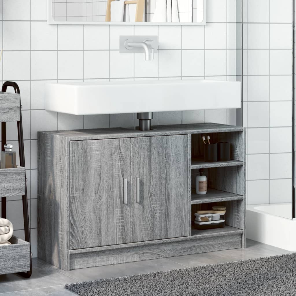 Wastafelkast 90x29x55 cm bewerkt hout grijs sonoma eikenkleurig is nu te koop bij PeponiXL, paradijselijk wonen!