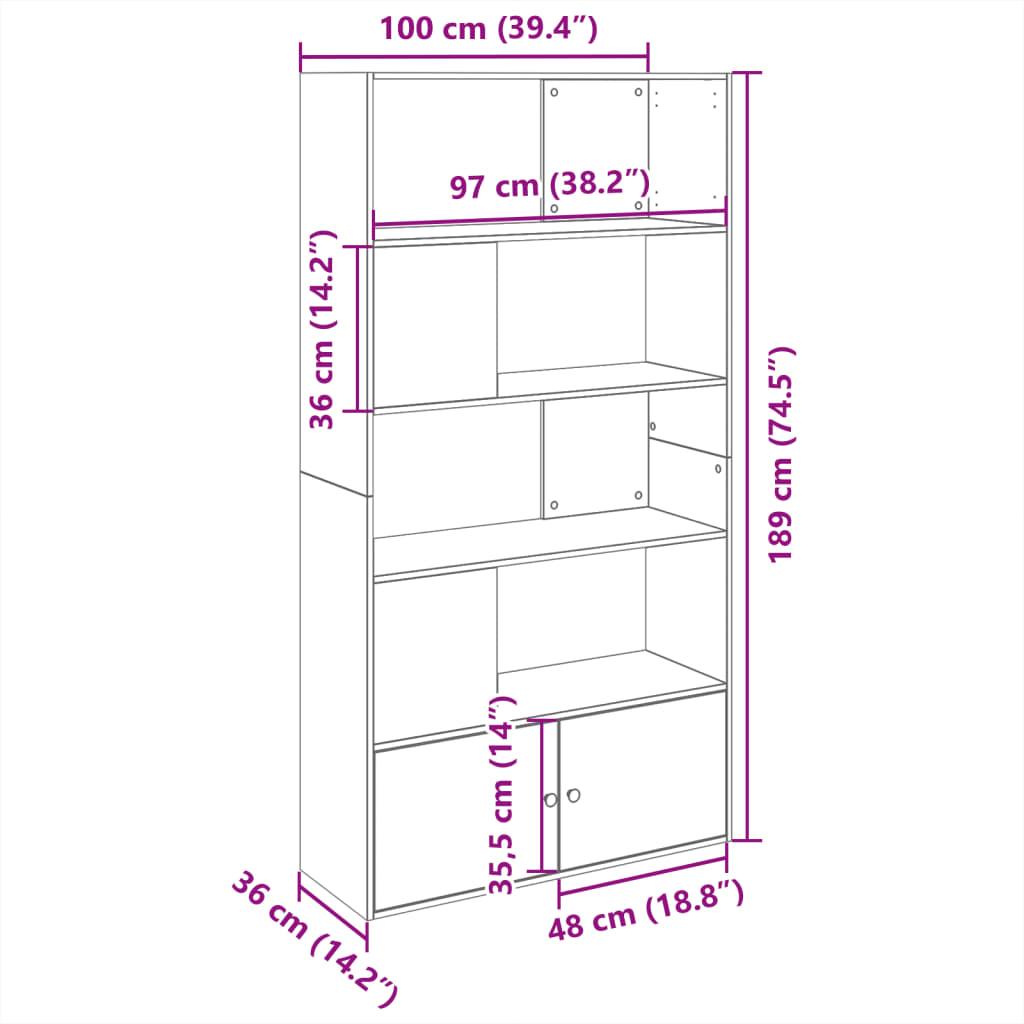 Boekenkast 100x36x189 cm bewerkt hout sonoma eikenkleurig is nu te koop bij PeponiXL, paradijselijk wonen!