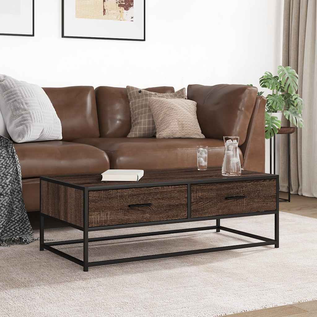 Salontafel 100x50x35 cm bewerkt hout en metaal bruin eikenkleur is nu te koop bij PeponiXL, paradijselijk wonen!