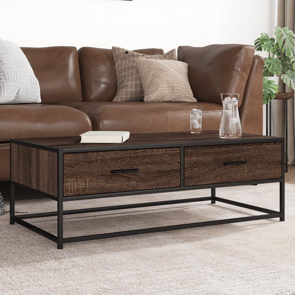 Salontafel 100x50x35 cm bewerkt hout en metaal bruin eikenkleur is nu te koop bij PeponiXL, paradijselijk wonen!