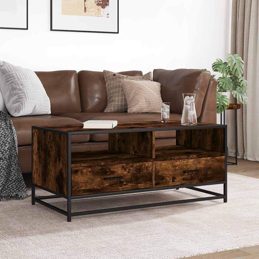 Salontafel 100x50x45 cm bewerkt hout en metaal gerookt eiken is nu te koop bij PeponiXL, paradijselijk wonen!