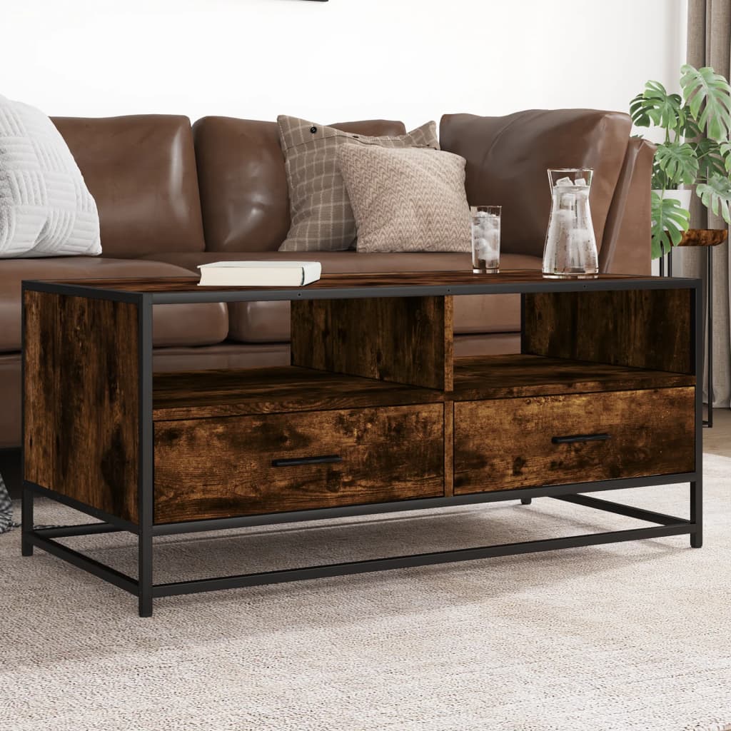 Salontafel 100x50x45 cm bewerkt hout en metaal gerookt eiken is nu te koop bij PeponiXL, paradijselijk wonen!
