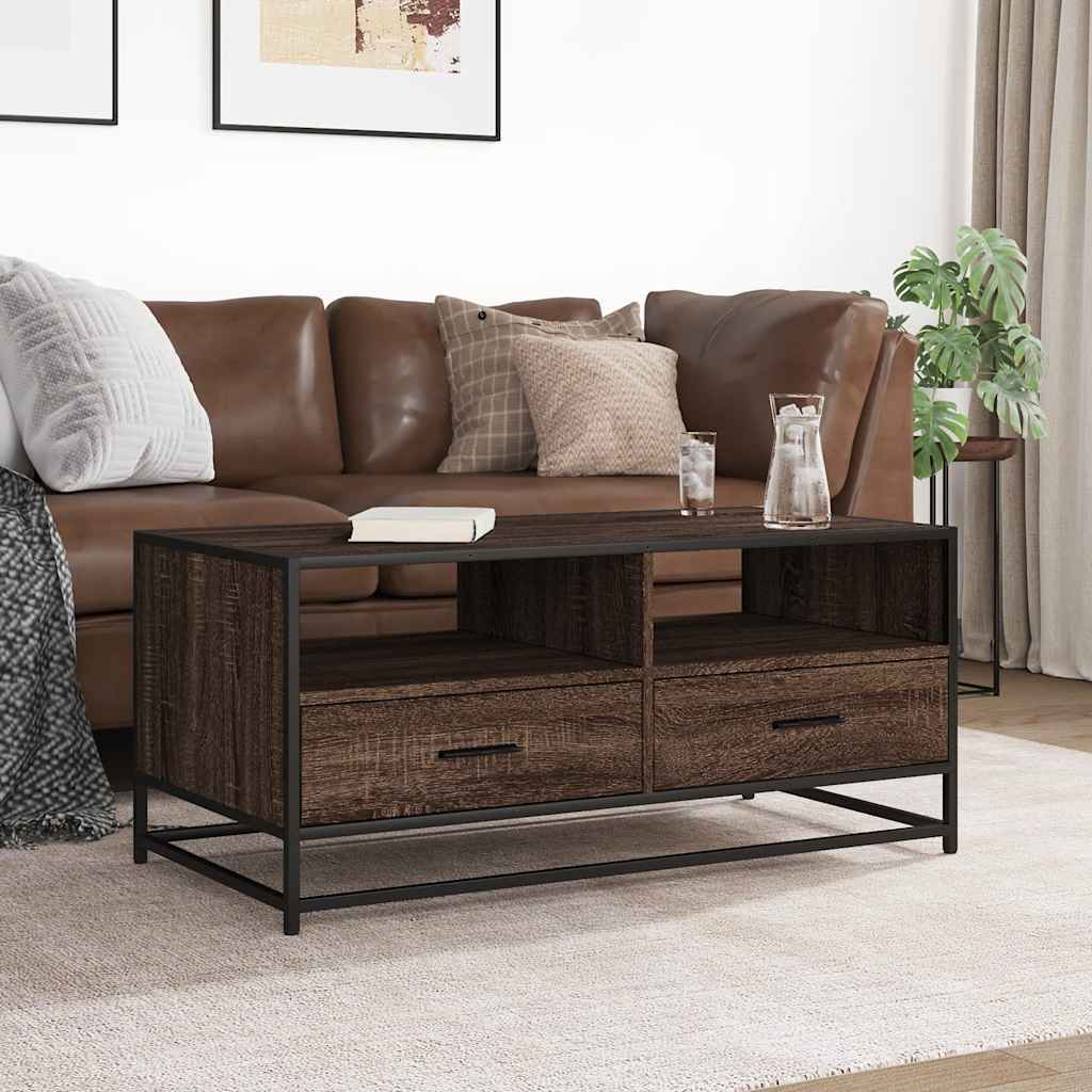 Salontafel 100x50x45 cm bewerkt hout en metaal bruin eikenkleur is nu te koop bij PeponiXL, paradijselijk wonen!