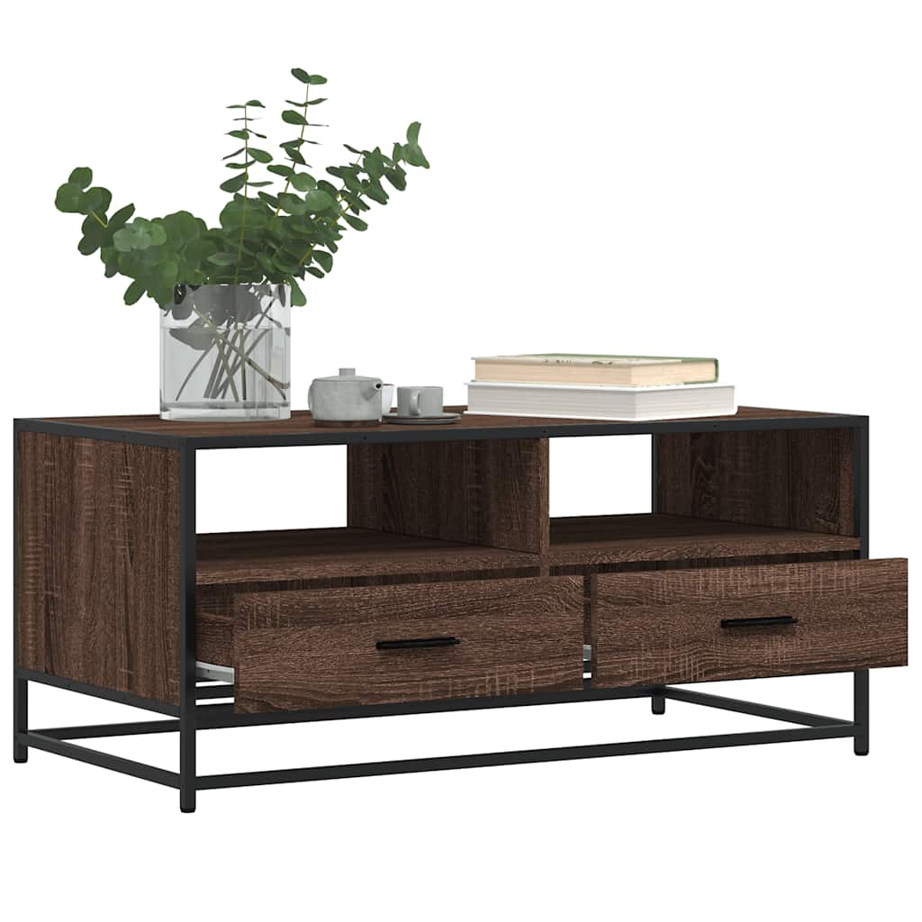 Salontafel 100x50x45 cm bewerkt hout en metaal bruin eikenkleur is nu te koop bij PeponiXL, paradijselijk wonen!