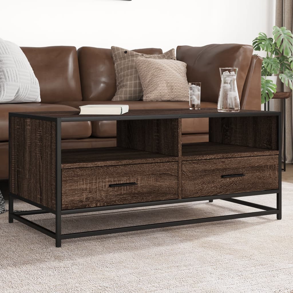 Salontafel 100x50x45 cm bewerkt hout en metaal bruin eikenkleur is nu te koop bij PeponiXL, paradijselijk wonen!