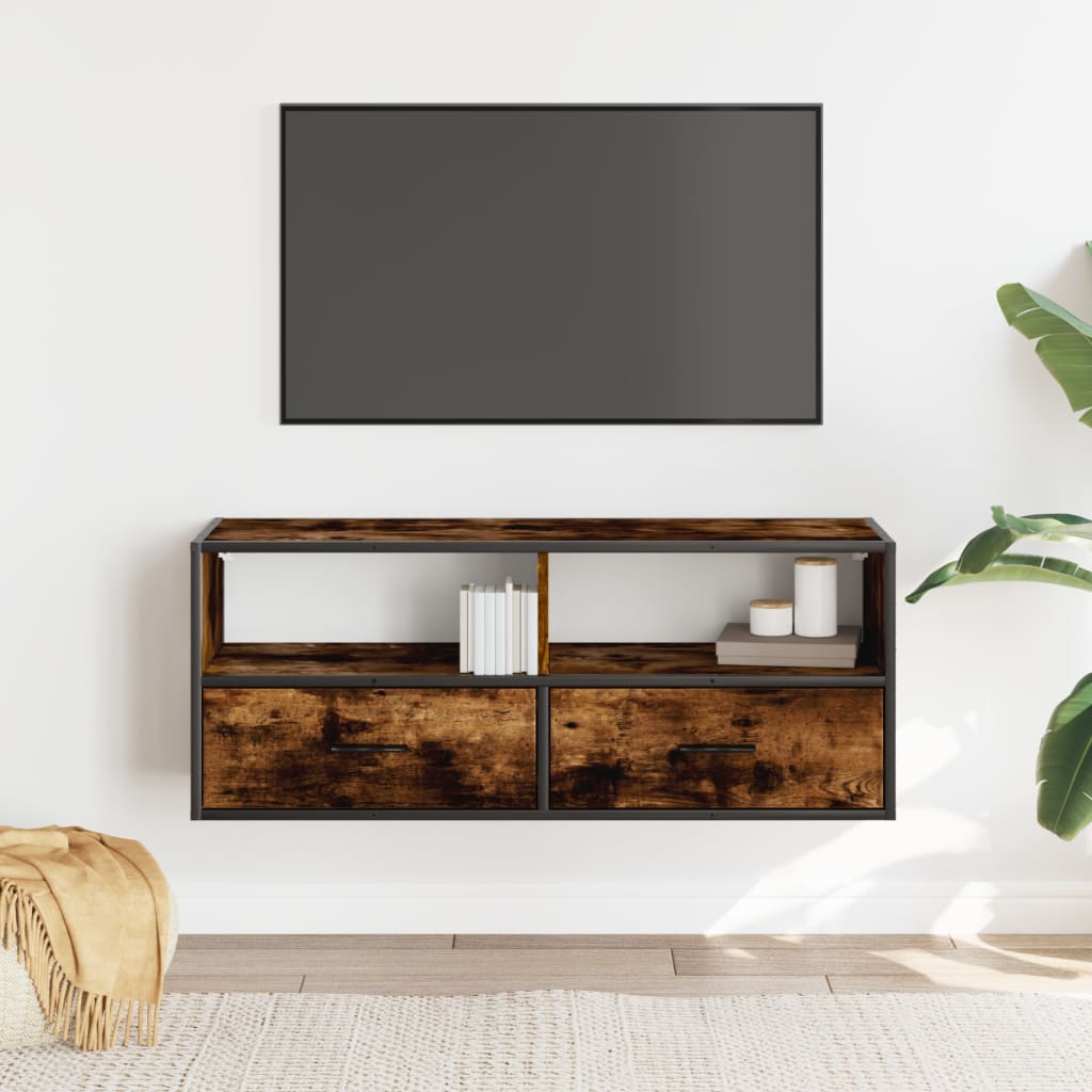Tv-meubel 100x31x39,5 cm bewerkt hout metaal gerookt eikenkleur is nu te koop bij PeponiXL, paradijselijk wonen!