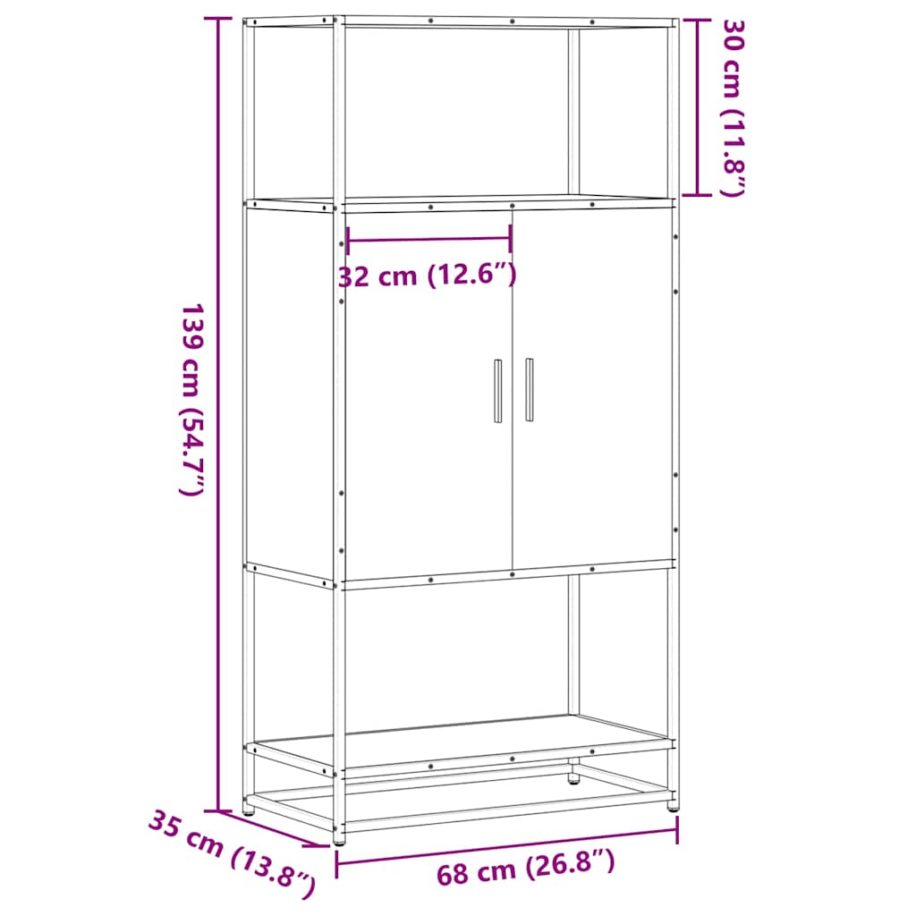 Hoge kast 68x35x139 cm bewerkt hout en metaal sonoma eikenkleur is nu te koop bij PeponiXL, paradijselijk wonen!