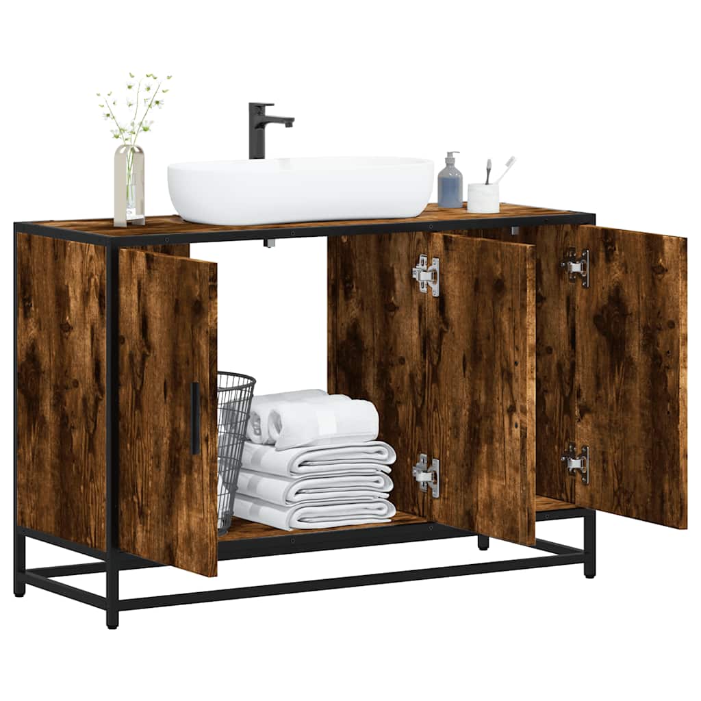 Wastafelkast 90x33x60 cm bewerkt hout gerookt eikenkleurig is nu te koop bij PeponiXL, paradijselijk wonen!