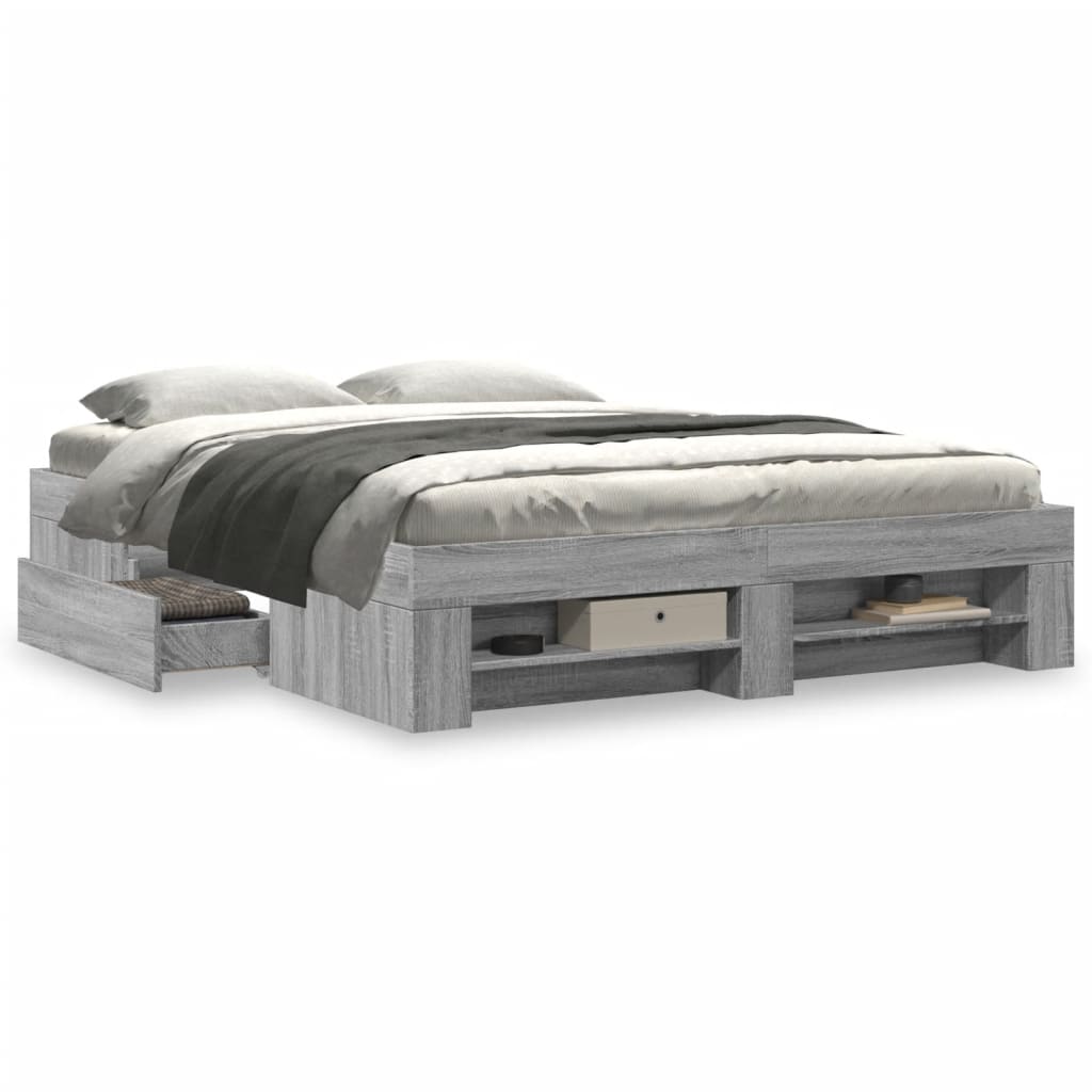 Bedframe bewerkt hout grijs sonoma eikenkleurig 150x200 cm is nu te koop bij PeponiXL, paradijselijk wonen!