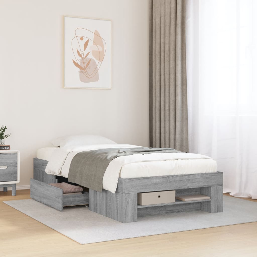 Bedframe bewerkt hout grijs sonoma eikenkleurig 90x200 cm is nu te koop bij PeponiXL, paradijselijk wonen!