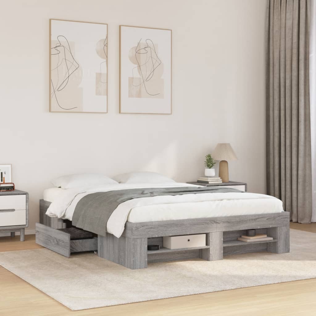 Bedframe bewerkt hout grijs sonoma eikenkleurig 140x190 cm is nu te koop bij PeponiXL, paradijselijk wonen!