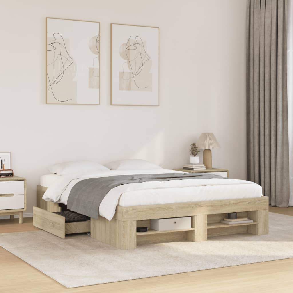 Bedframe bewerkt hout sonoma eikenkleurig 135x190 cm is nu te koop bij PeponiXL, paradijselijk wonen!