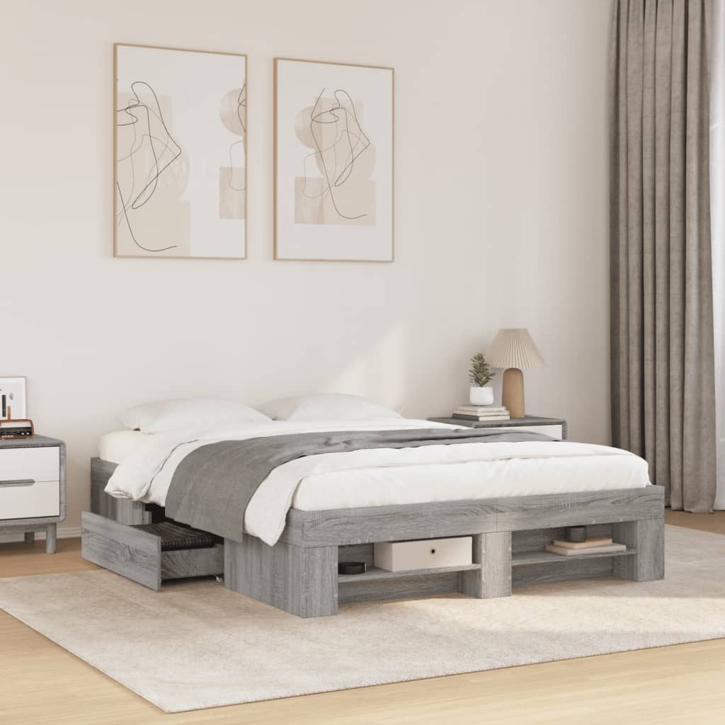 Bedframe bewerkt hout grijs sonoma eikenkleurig 135x190 cm is nu te koop bij PeponiXL, paradijselijk wonen!
