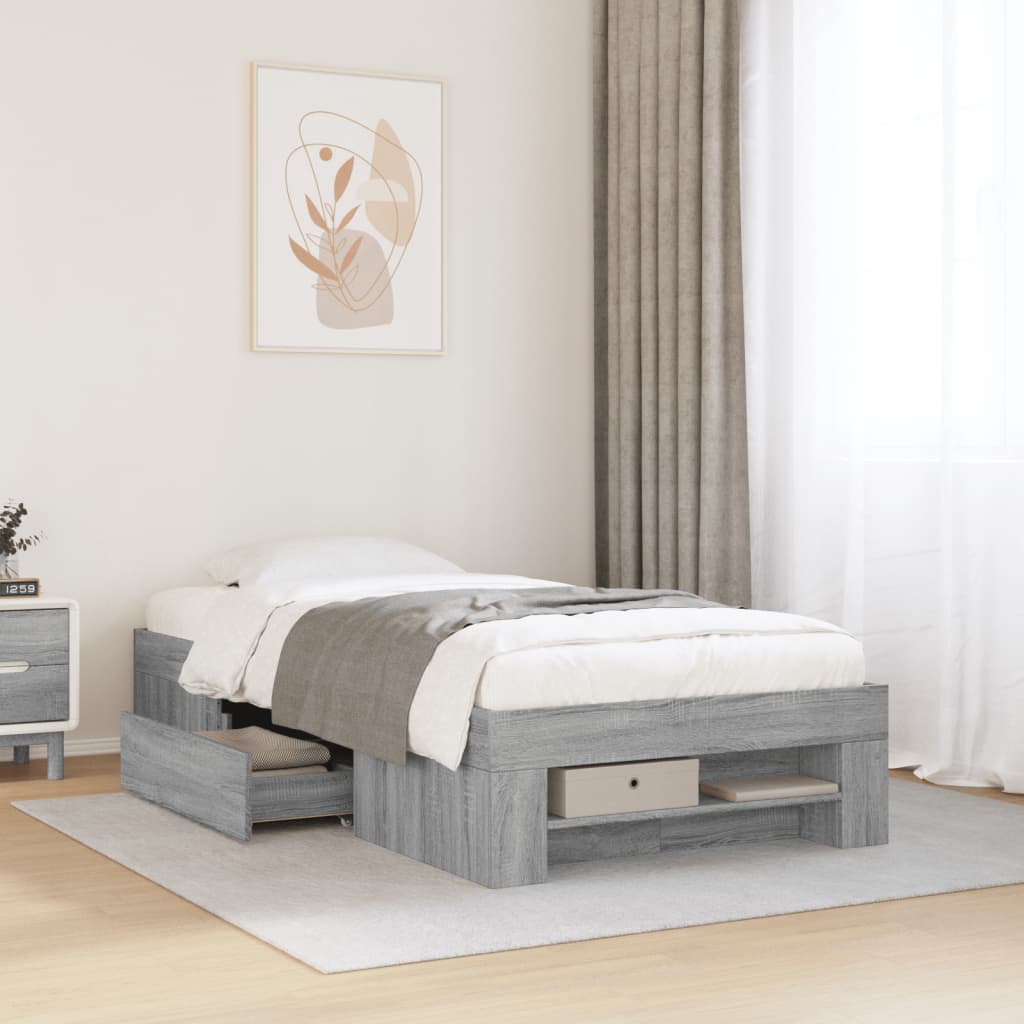 Bedframe bewerkt hout grijs sonoma eikenkleurig 90x190 cm is nu te koop bij PeponiXL, paradijselijk wonen!