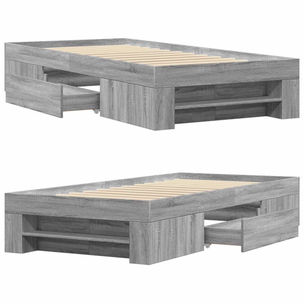 Bedframe bewerkt hout grijs sonoma eikenkleurig 75x190 cm is nu te koop bij PeponiXL, paradijselijk wonen!