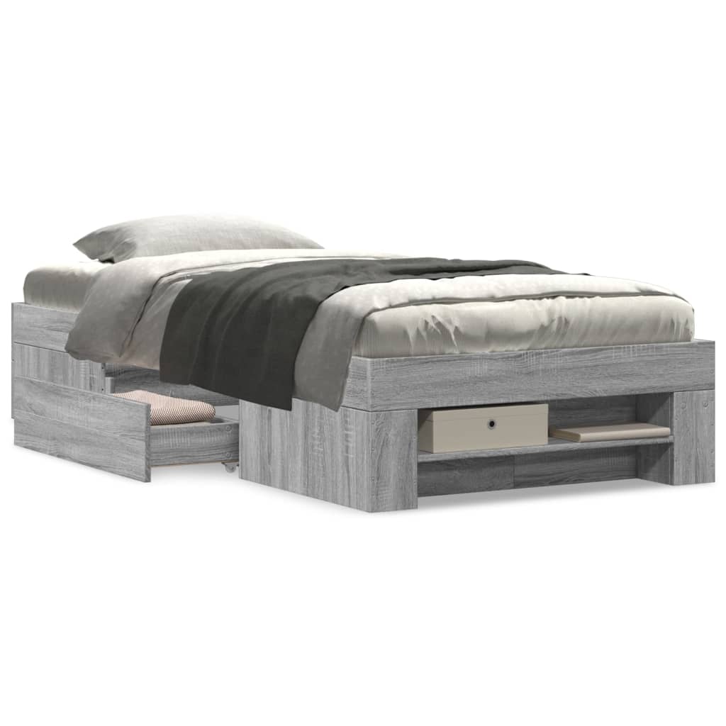 Bedframe bewerkt hout grijs sonoma eikenkleurig 75x190 cm is nu te koop bij PeponiXL, paradijselijk wonen!