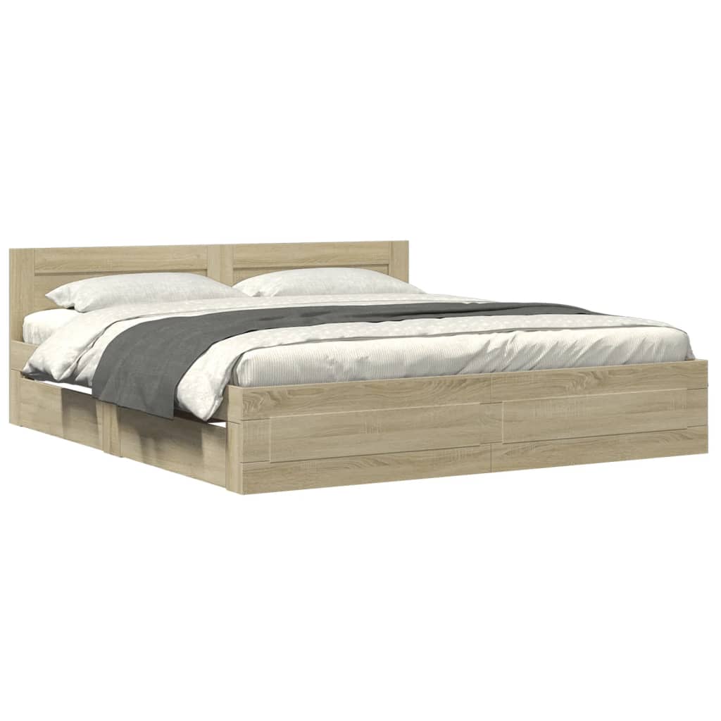 Bedframe met hoofdeinde bewerkt hout sonoma eiken 200x200 cm is nu te koop bij PeponiXL, paradijselijk wonen!