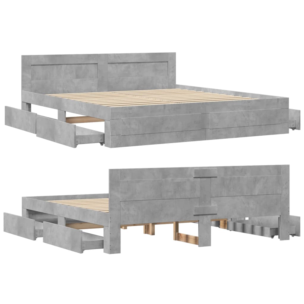 Bedframe met hoofdeinde bewerkt hout betongrijs 200x200 cm is nu te koop bij PeponiXL, paradijselijk wonen!