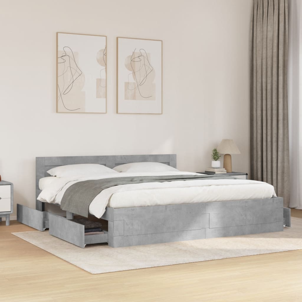 Bedframe met hoofdeinde bewerkt hout betongrijs 200x200 cm is nu te koop bij PeponiXL, paradijselijk wonen!