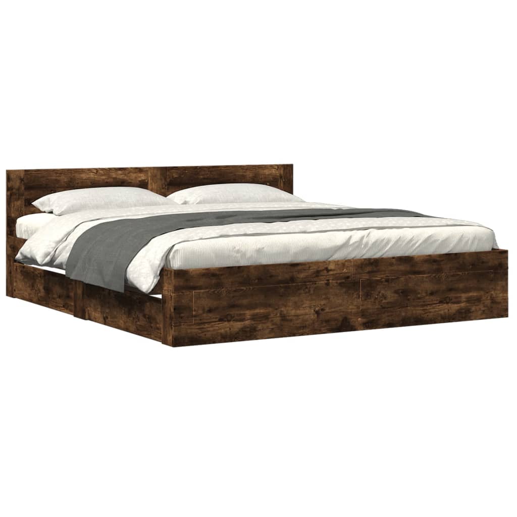 Bedframe met hoofdeinde bewerkt hout gerookt eiken 200x200 cm is nu te koop bij PeponiXL, paradijselijk wonen!