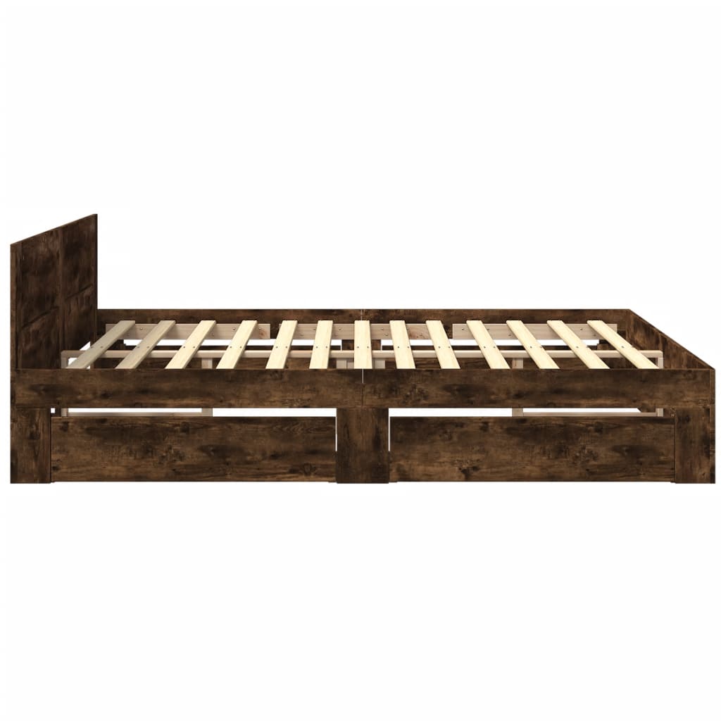 Bedframe met hoofdeinde bewerkt hout gerookt eiken 200x200 cm is nu te koop bij PeponiXL, paradijselijk wonen!