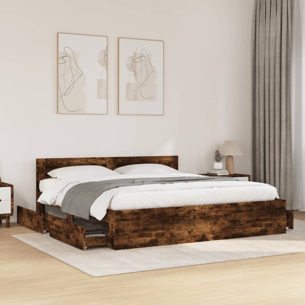 Bedframe met hoofdeinde bewerkt hout gerookt eiken 200x200 cm is nu te koop bij PeponiXL, paradijselijk wonen!