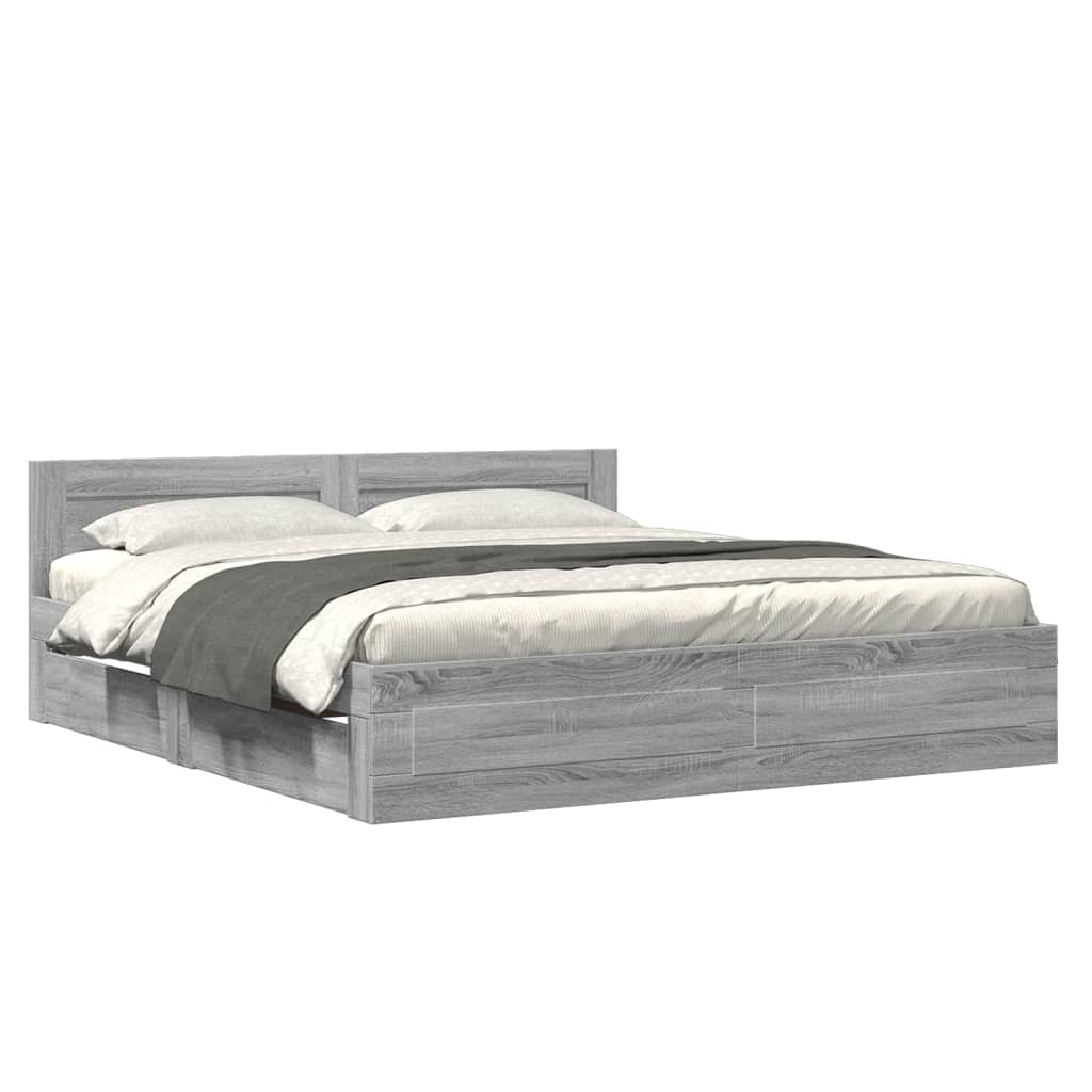Bedframe met hoofdeinde bewerkt hout grijs sonoma 200x200 cm is nu te koop bij PeponiXL, paradijselijk wonen!