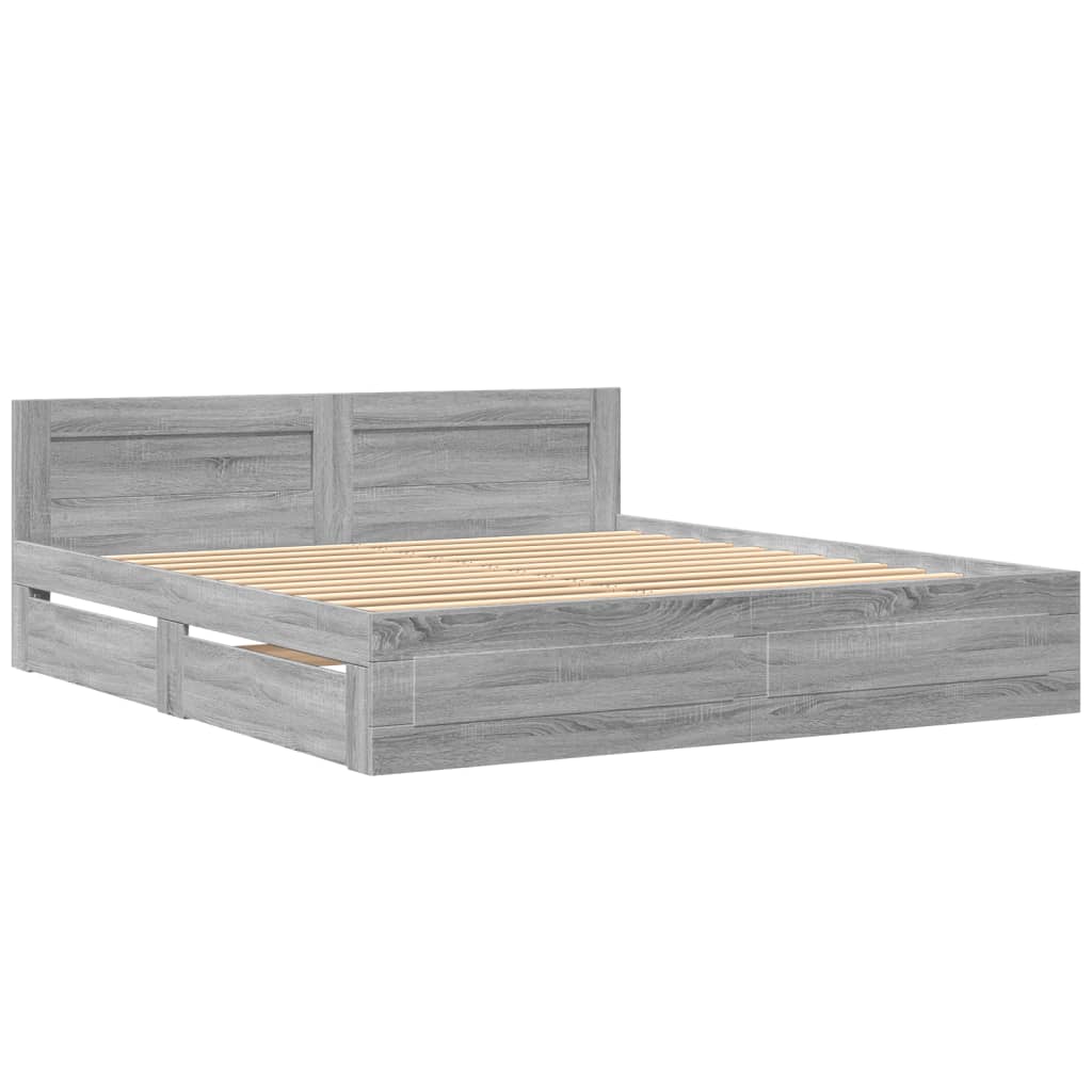 Bedframe met hoofdeinde bewerkt hout grijs sonoma 200x200 cm is nu te koop bij PeponiXL, paradijselijk wonen!