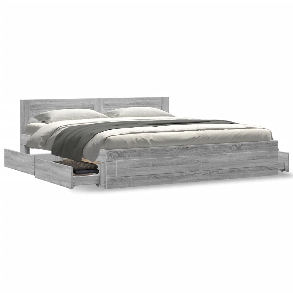 Bedframe met hoofdeinde bewerkt hout grijs sonoma 200x200 cm is nu te koop bij PeponiXL, paradijselijk wonen!