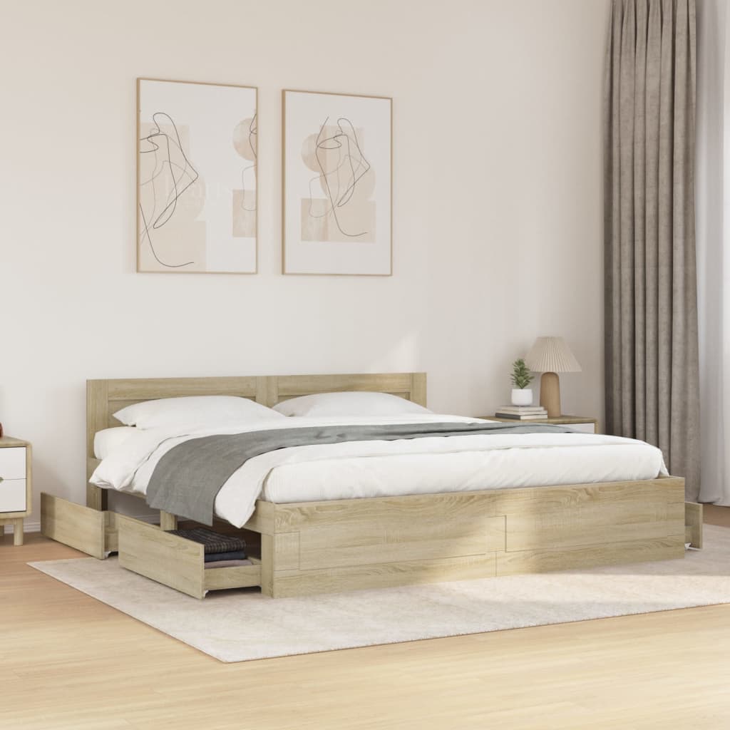 Bedframe met hoofdeinde bewerkt hout sonoma eiken 180x200 cm is nu te koop bij PeponiXL, paradijselijk wonen!