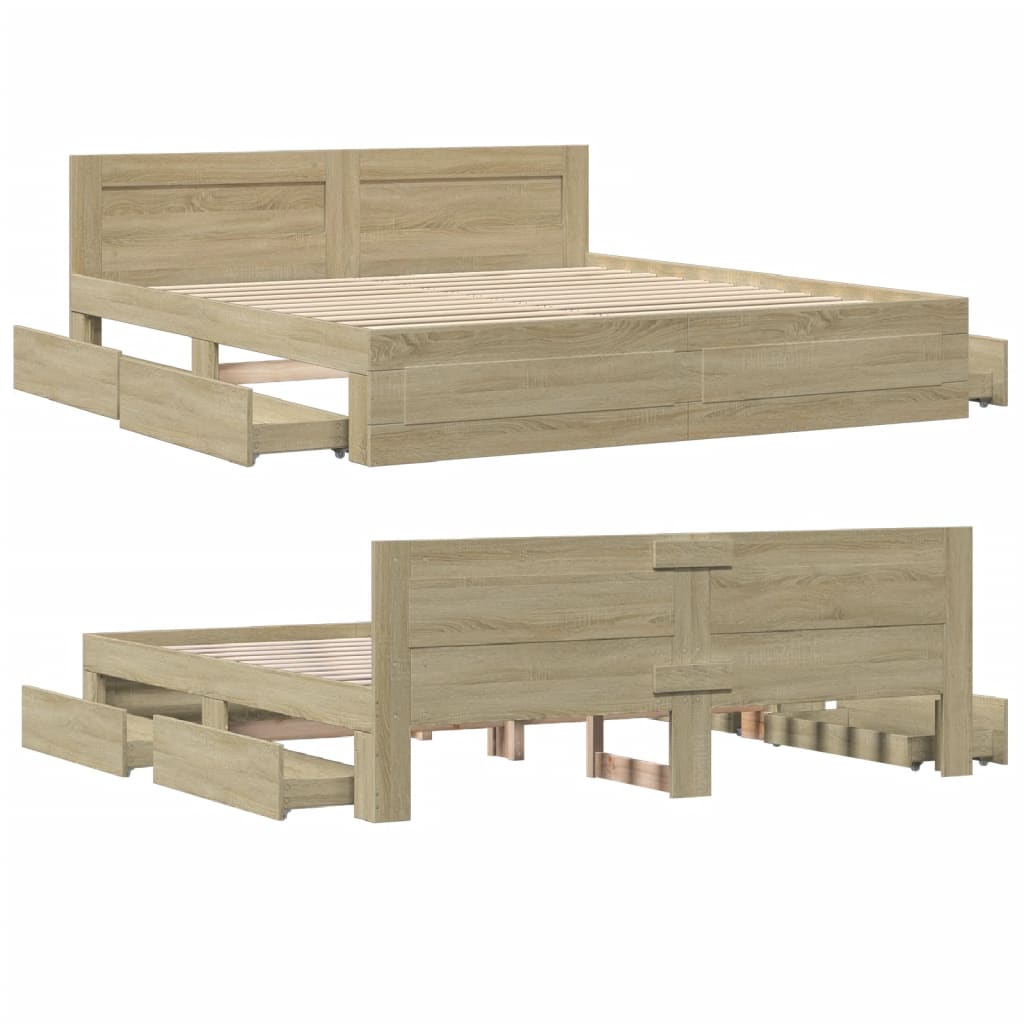 Bedframe met hoofdeinde bewerkt hout sonoma eiken 180x200 cm is nu te koop bij PeponiXL, paradijselijk wonen!