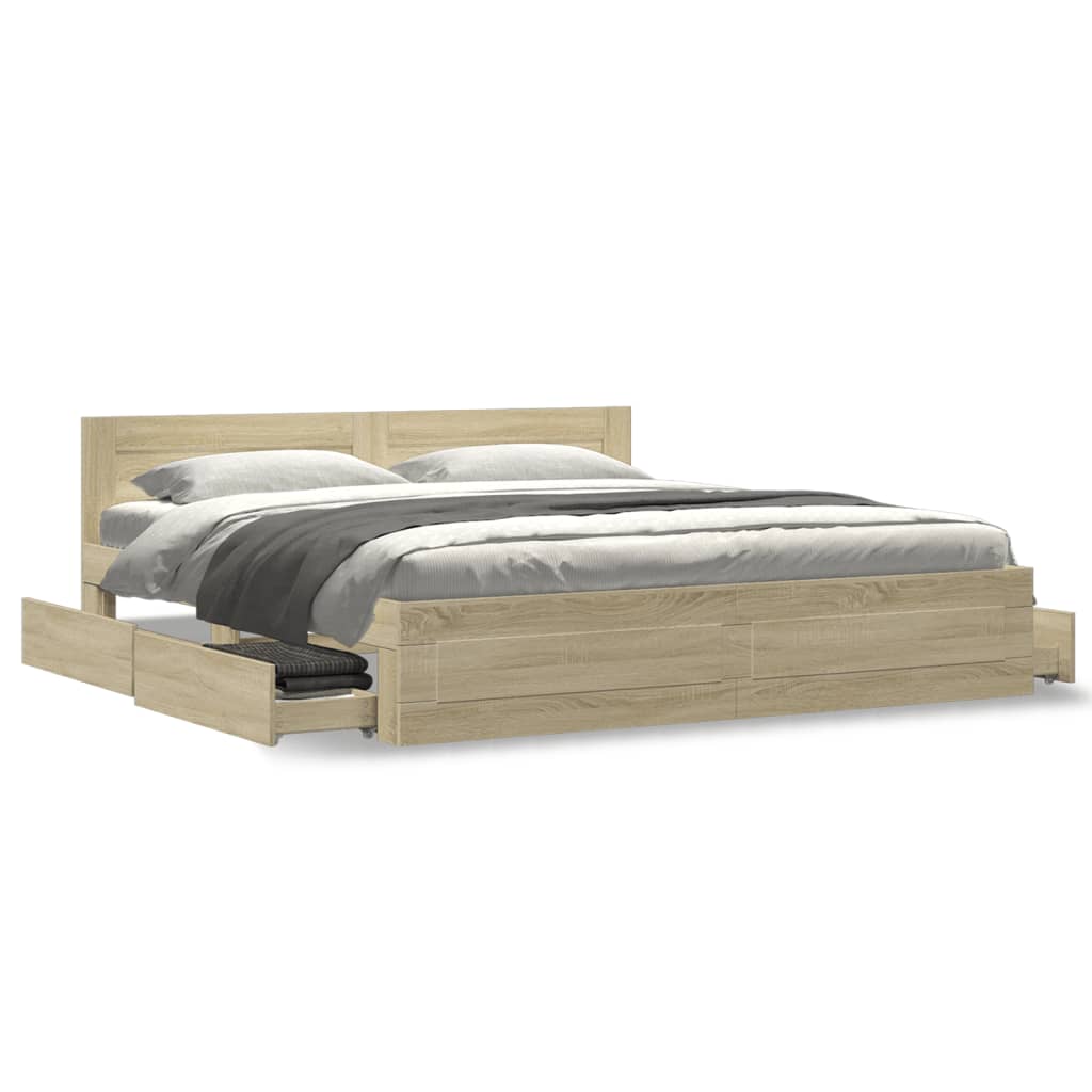 Bedframe met hoofdeinde bewerkt hout sonoma eiken 180x200 cm is nu te koop bij PeponiXL, paradijselijk wonen!