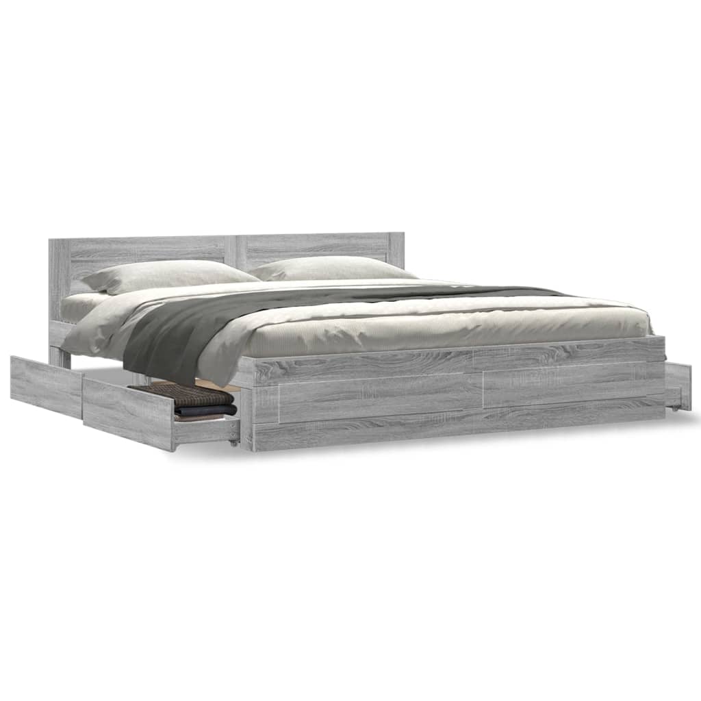 Bedframe met hoofdeinde bewerkt hout grijs sonoma 180x200 cm is nu te koop bij PeponiXL, paradijselijk wonen!