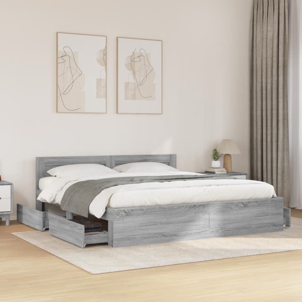 Bedframe met hoofdeinde bewerkt hout grijs sonoma 180x200 cm is nu te koop bij PeponiXL, paradijselijk wonen!