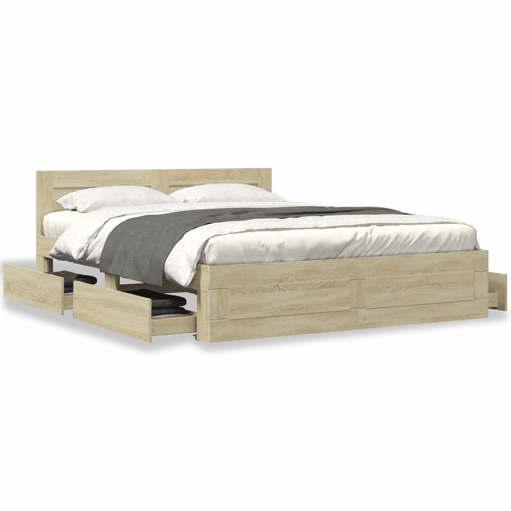 Bedframe met hoofdbord sonoma eikenkleurig 160x200 cm is nu te koop bij PeponiXL, paradijselijk wonen!