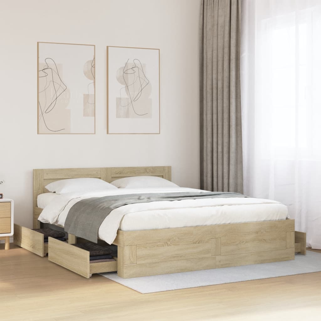 Bedframe met hoofdbord sonoma eikenkleurig 160x200 cm is nu te koop bij PeponiXL, paradijselijk wonen!
