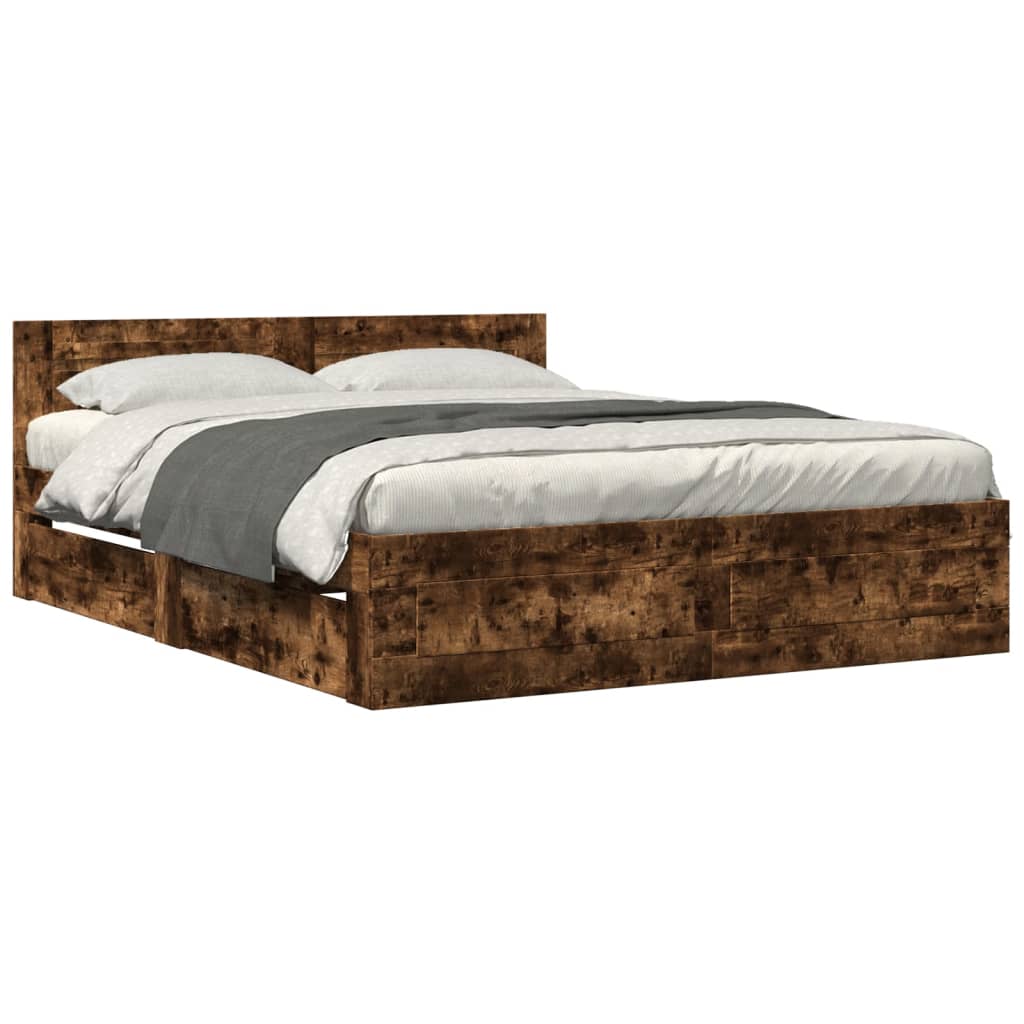 Bedframe met hoofdeinde bewerkt hout gerookt eiken 160x200 cm is nu te koop bij PeponiXL, paradijselijk wonen!