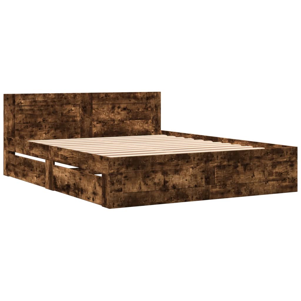 Bedframe met hoofdeinde bewerkt hout gerookt eiken 160x200 cm is nu te koop bij PeponiXL, paradijselijk wonen!