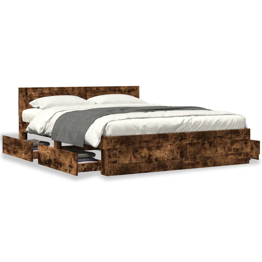 Bedframe met hoofdeinde bewerkt hout gerookt eiken 160x200 cm is nu te koop bij PeponiXL, paradijselijk wonen!