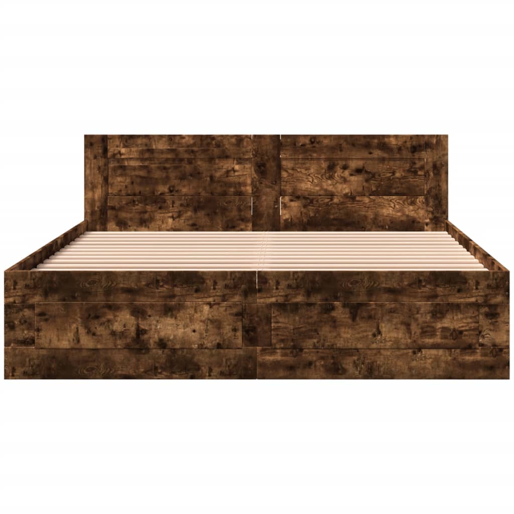 Bedframe met hoofdeinde bewerkt hout gerookt eiken 160x200 cm is nu te koop bij PeponiXL, paradijselijk wonen!