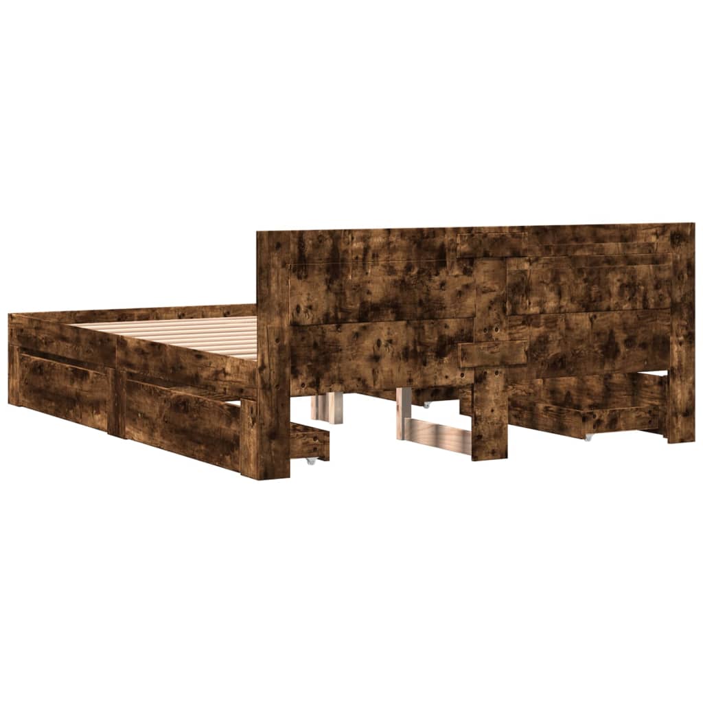 Bedframe met hoofdeinde bewerkt hout gerookt eiken 160x200 cm is nu te koop bij PeponiXL, paradijselijk wonen!