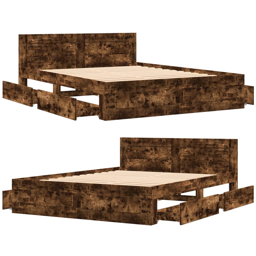 Bedframe met hoofdeinde bewerkt hout gerookt eiken 160x200 cm is nu te koop bij PeponiXL, paradijselijk wonen!