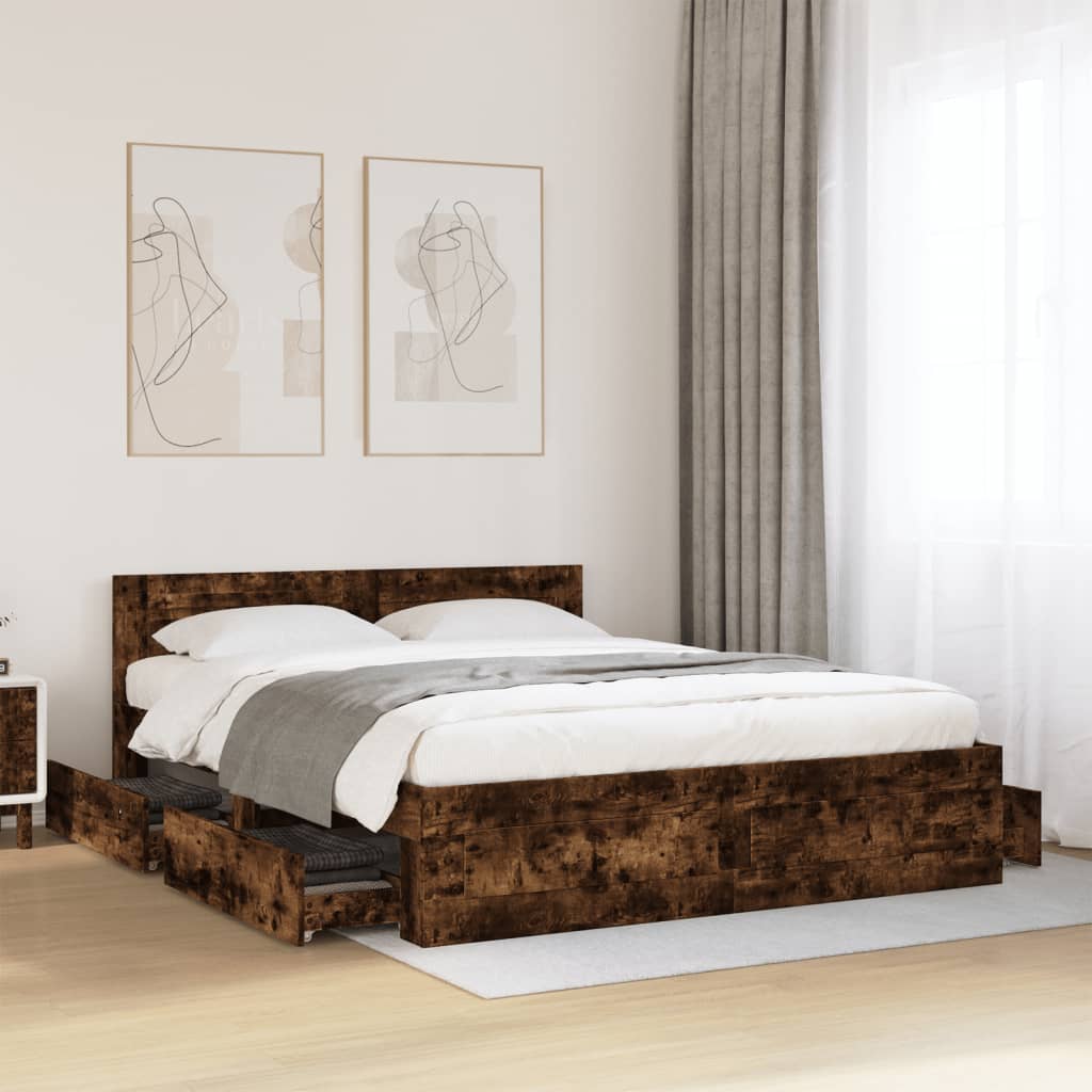 Bedframe met hoofdeinde bewerkt hout gerookt eiken 160x200 cm is nu te koop bij PeponiXL, paradijselijk wonen!