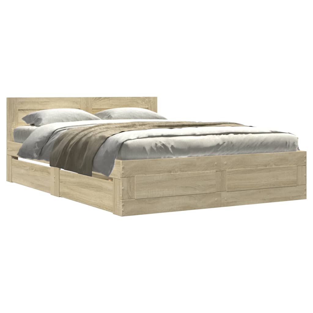 Bedframe met hoofdeinde bewerkt hout sonoma eiken 140x200 cm is nu te koop bij PeponiXL, paradijselijk wonen!