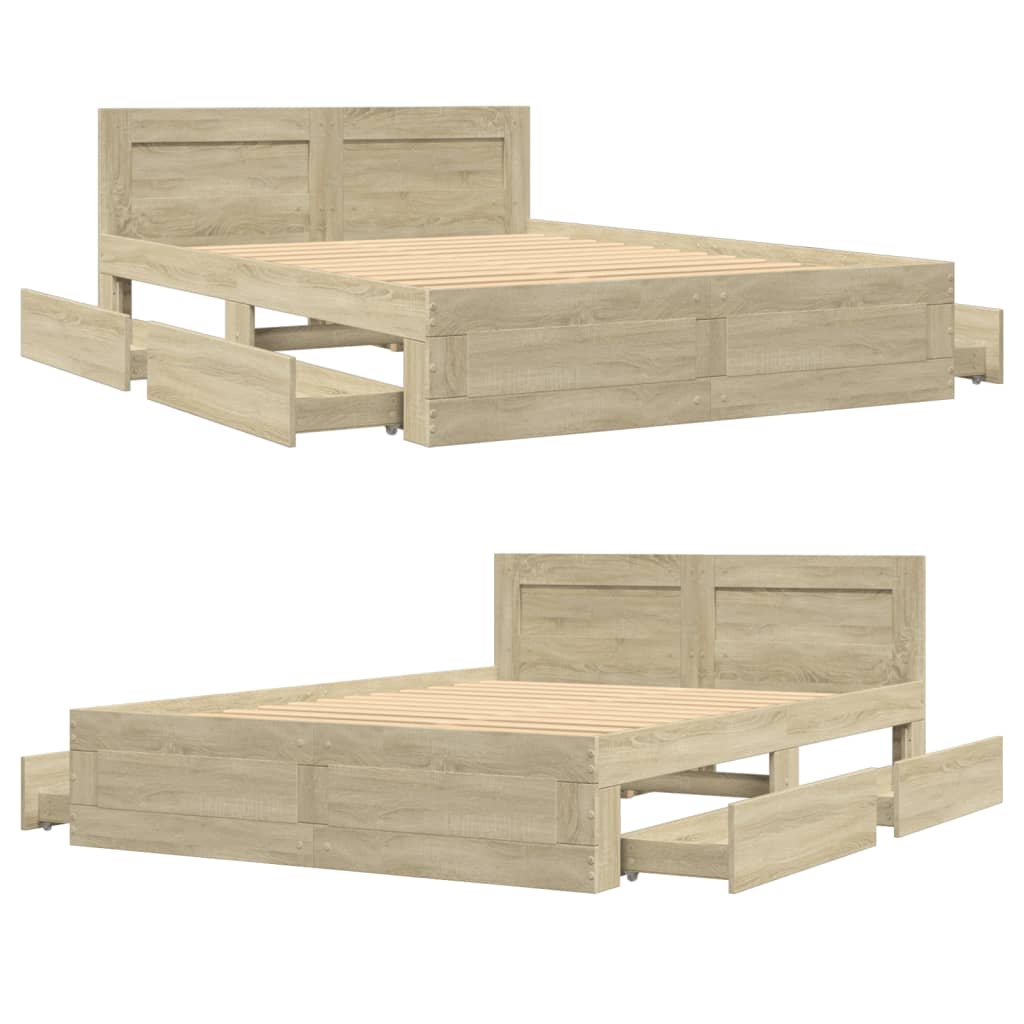 Bedframe met hoofdeinde bewerkt hout sonoma eiken 140x200 cm is nu te koop bij PeponiXL, paradijselijk wonen!