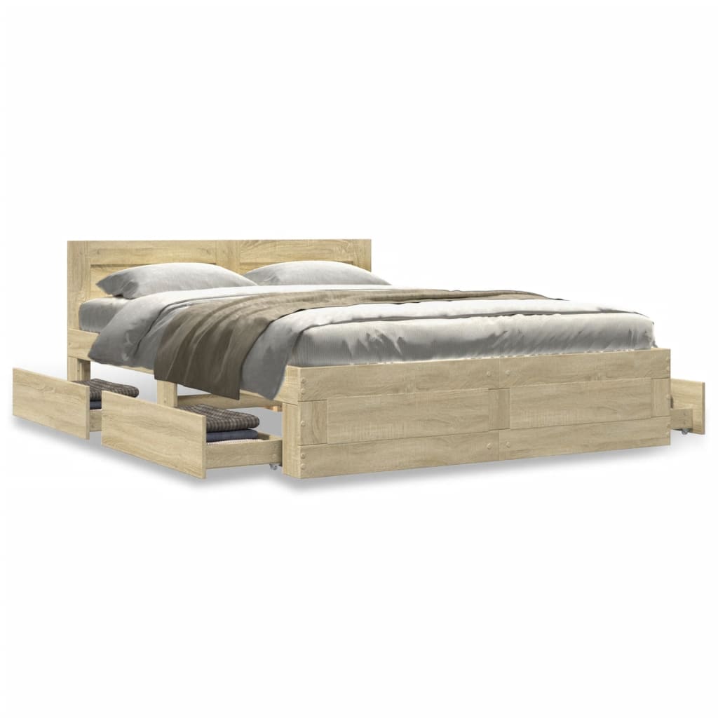 Bedframe met hoofdeinde bewerkt hout sonoma eiken 140x200 cm is nu te koop bij PeponiXL, paradijselijk wonen!