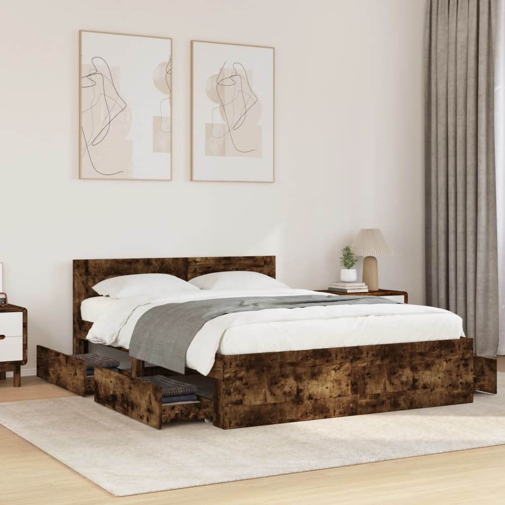 Bedframe met hoofdeinde bewerkt hout gerookt eiken 140x200 cm is nu te koop bij PeponiXL, paradijselijk wonen!