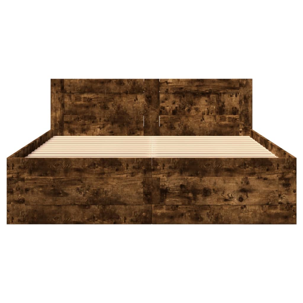 Bedframe met hoofdeinde bewerkt hout gerookt eiken 140x200 cm is nu te koop bij PeponiXL, paradijselijk wonen!