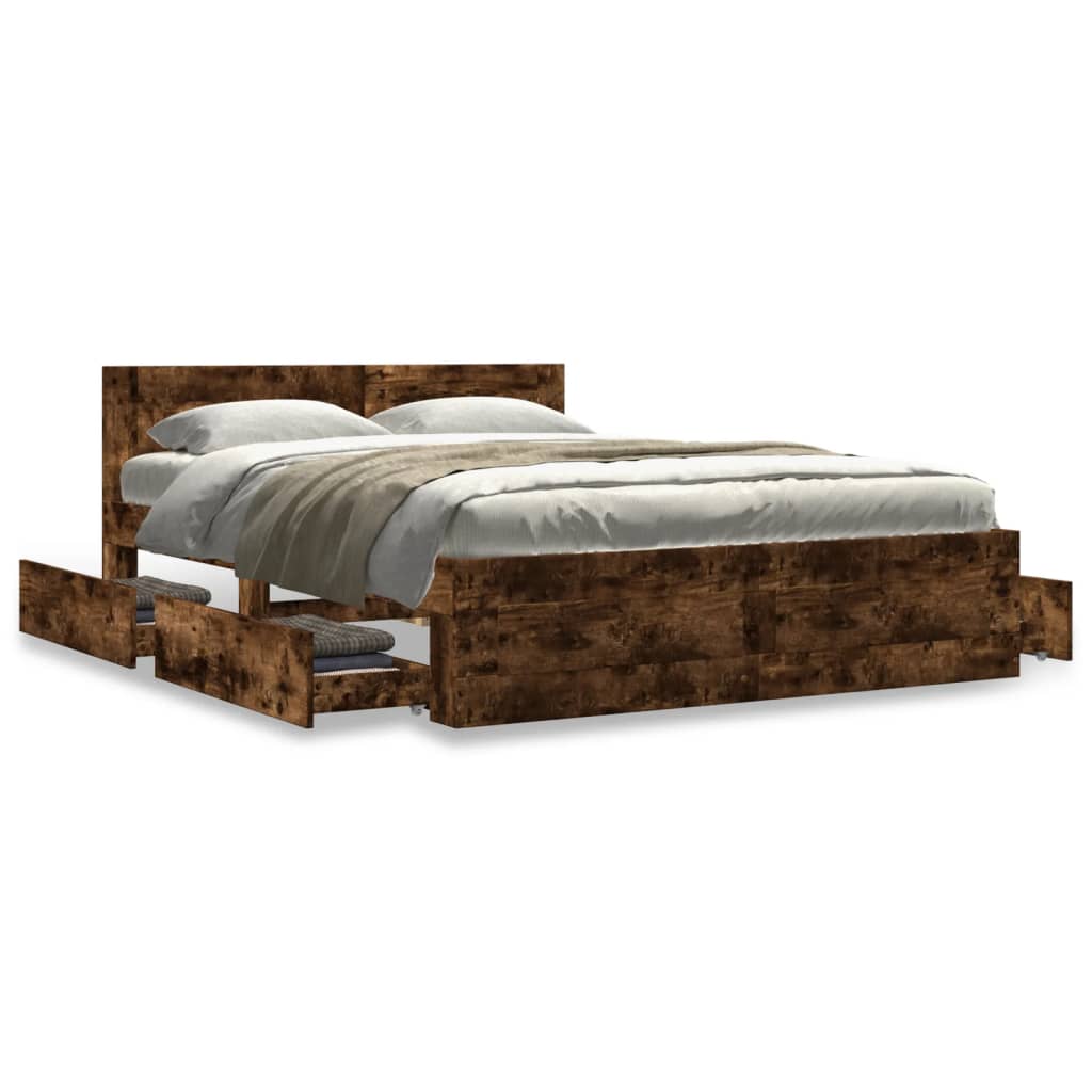 Bedframe met hoofdeinde bewerkt hout gerookt eiken 140x200 cm is nu te koop bij PeponiXL, paradijselijk wonen!